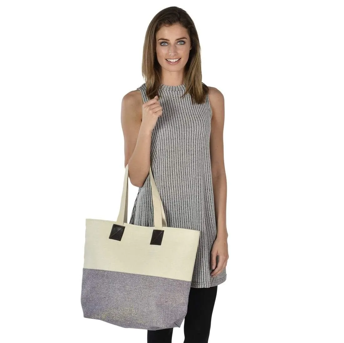 Womens Shimmer Canvas Beach Shoulder Shopping Bag Tote